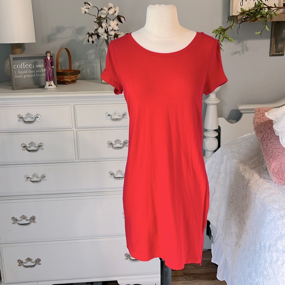 Red Cotton Knit Midi Knee Length Dress